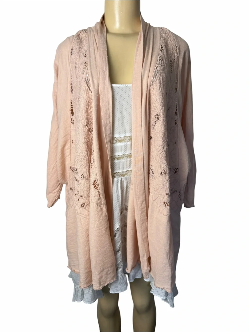 Free People Cool Nights kimono pink Eyelet Lace Cutout Cardigan Cover Up large